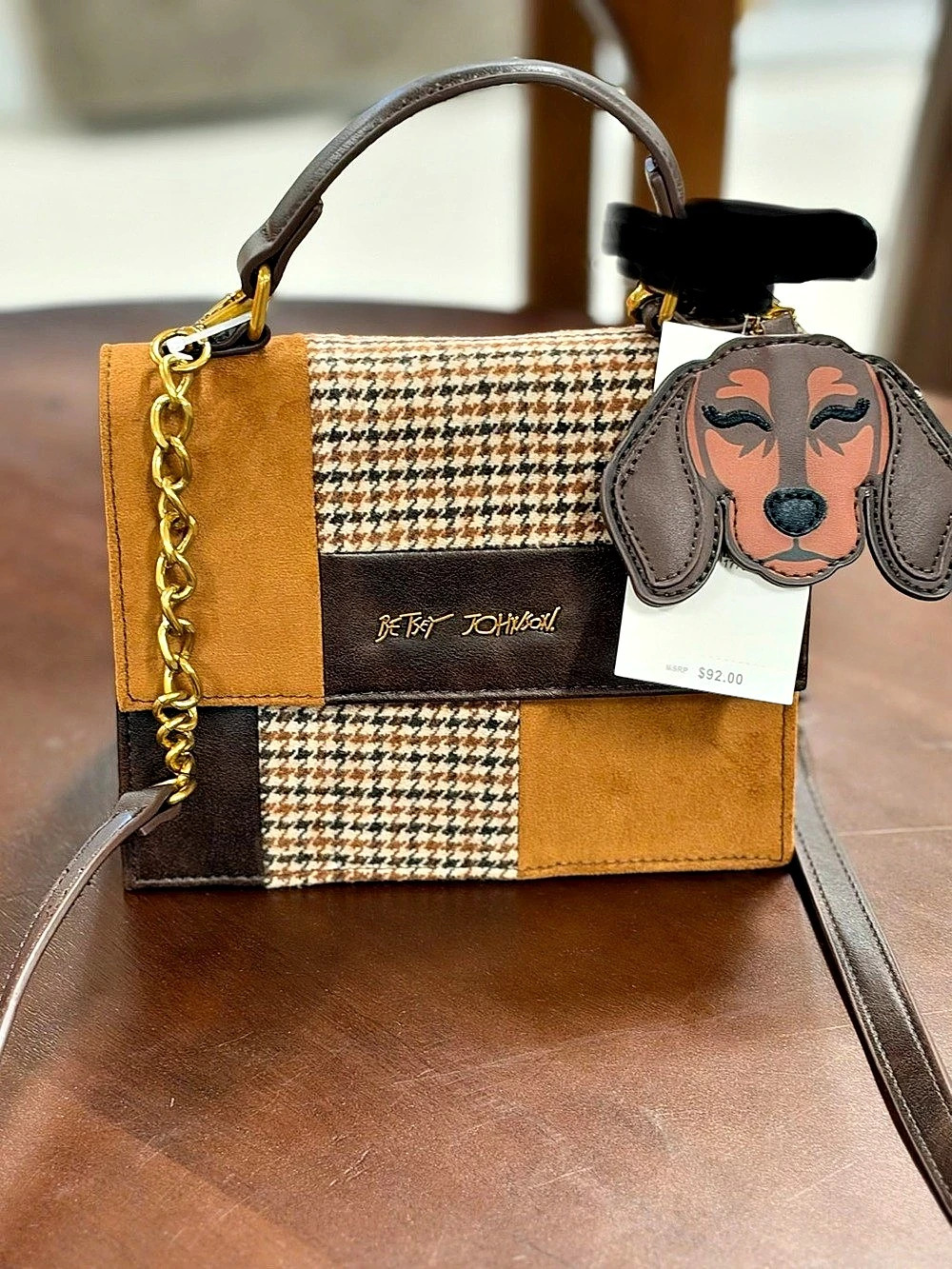 NEW BETSEY JOHNSON DACHSHUND HOUNDSTOOTH/SUEDE HANDBAG